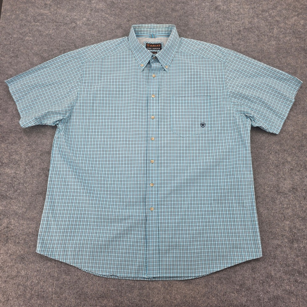 Ariat Pro Series Mens XXL Short Sleeve Plaid Button Down Shirt Blue Mesh Yoke